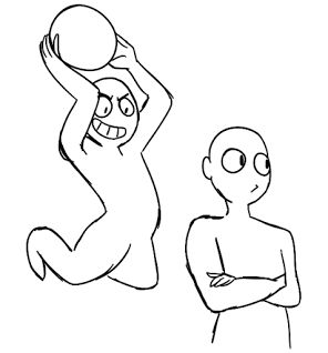 a line art drawing of two blank people.  one is jumping in the air with a ball in their hand.  the other is standing with their arms crossed.  the drawing is a template for adding your own creative details.