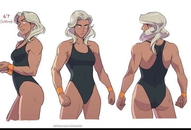 the image showcases three different views of the same female character drawn in a stylized, semirealistic art style.  she is tall and muscular with an athletic build. her hair is white, styled in a short, wavy bob, and she is wearing a simple black onepiece swimsuit. the white background emphasizes the character design and allows the viewer to focus on her physique and proportions. the character's confident posture and direct gaze suggest a strong and capable personality.
