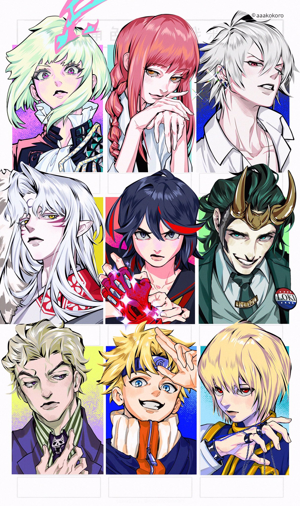a colorful collage of nine anime portraits. each portrait features a unique and expressive anime character. each character is displayed on a separate colorful background, creating a vibrant and visually engaging composition.