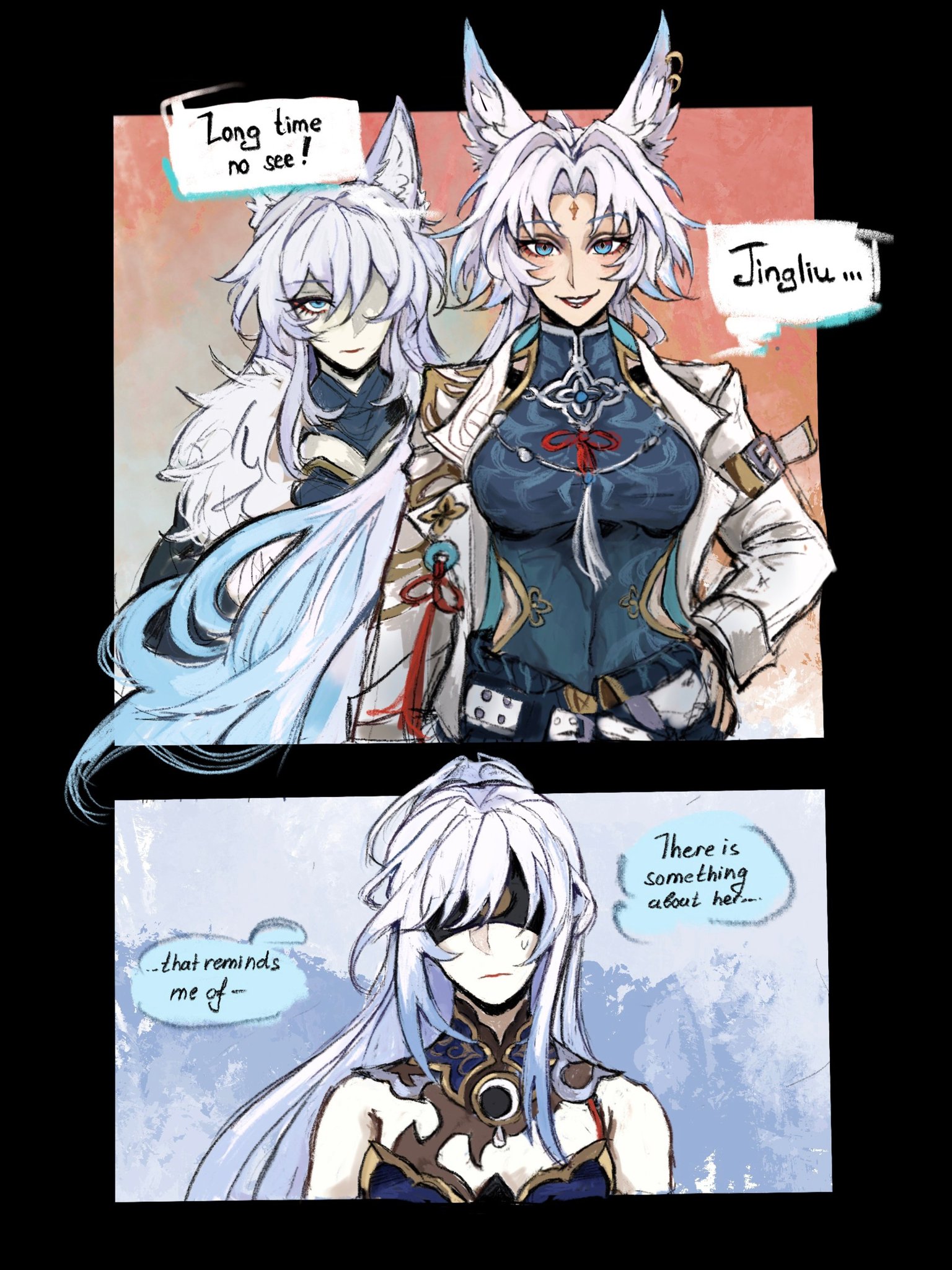 the image is a digital fanart depicting two characters from genshin impact, seemingly related or similar.  the top panel shows a lively interaction between two women with foxlike ears and long white hair; one of them is identified as "jingliu." the bottom panel features another woman with similar hair and features, prompting a character to comment on a resemblance. the art style is reminiscent of manga and anime, with expressive linework and soft color palettes.  speech bubbles with dialogue convey the narrative.