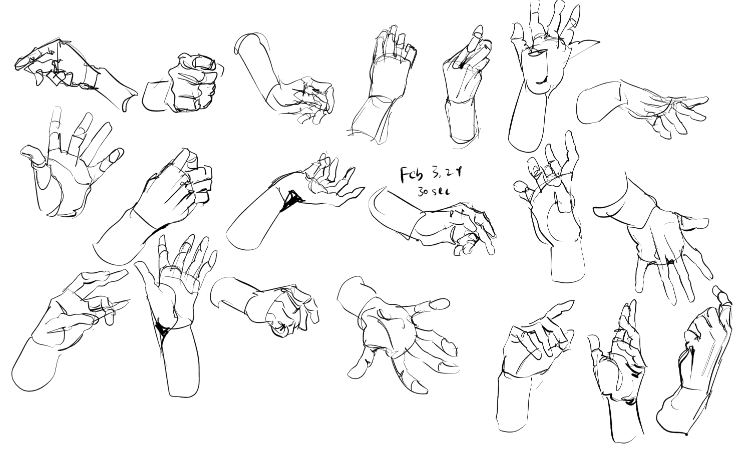 the image contains numerous quick sketches of hands in various positions. the style is loose and expressive, focusing on capturing the gesture and movement of the hands rather than precise detail. the sketches appear to be practice drawings, done quickly, as indicated by the date and time "feb 3, 24 30 sec" written on the page. the linework is consistent throughout, with a mix of thick and thin lines adding dynamism. the hands are depicted from different angles, showcasing a range of poses and perspectives.  the overall impression is one of dynamic movement and exploration of hand anatomy through quick sketching.