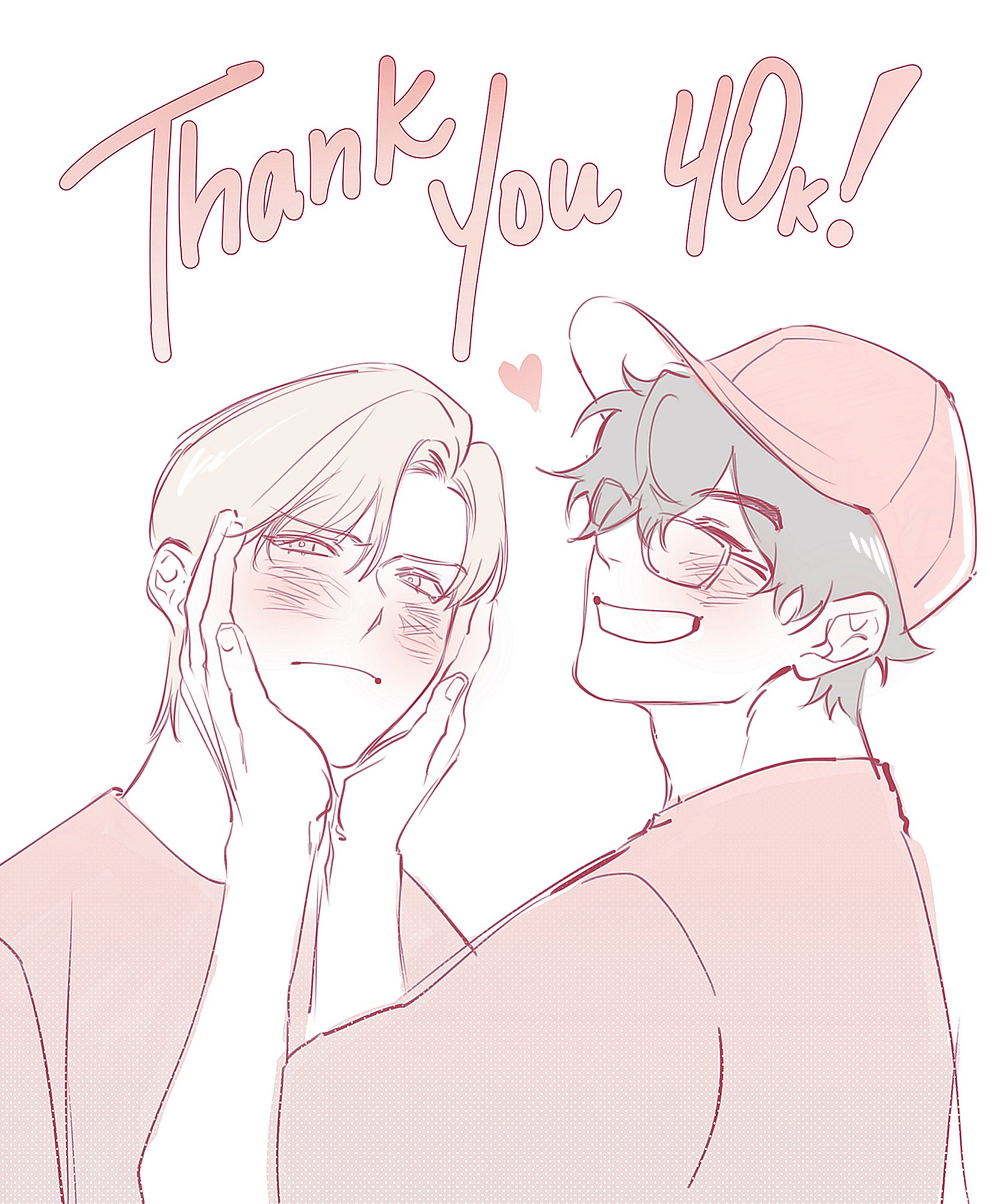 he image is a digital drawing of two animestyle boys, seemingly a couple, embracing. the boy on the left has light hair and the boy on the right has darker hair and is wearing a pink baseball cap.  both boys have rosy cheeks, indicating a blushing expression.  the background is white, and the text "thank you 40k!" is written at the top in a stylized script font, suggesting a celebratory message for reaching a milestone of 40,000 followers or subscribers. the overall style is soft and romantic.