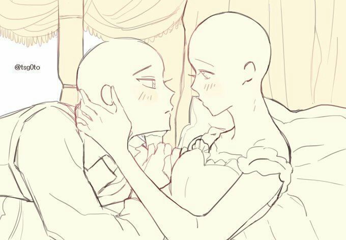 this is a line art drawing of an anime couple. the girl is on top of the boy. she is looking down at him and the boy is looking up at her. they both seem to be blushing. they are drawn in a very simplified way, only showing their heads and a little