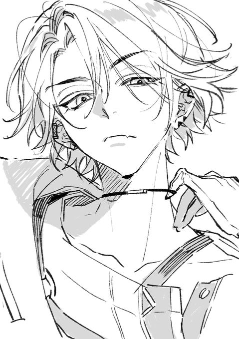 a black and white line drawing of an animestyle boy with long, slightly messy hair. he has a somewhat serious or melancholic expression.  he's wearing a jacket or similar garment. the style is sketchy and loose, emphasizing the character's features and mood rather than precise detail.  one of his hands is visible, near his neck.