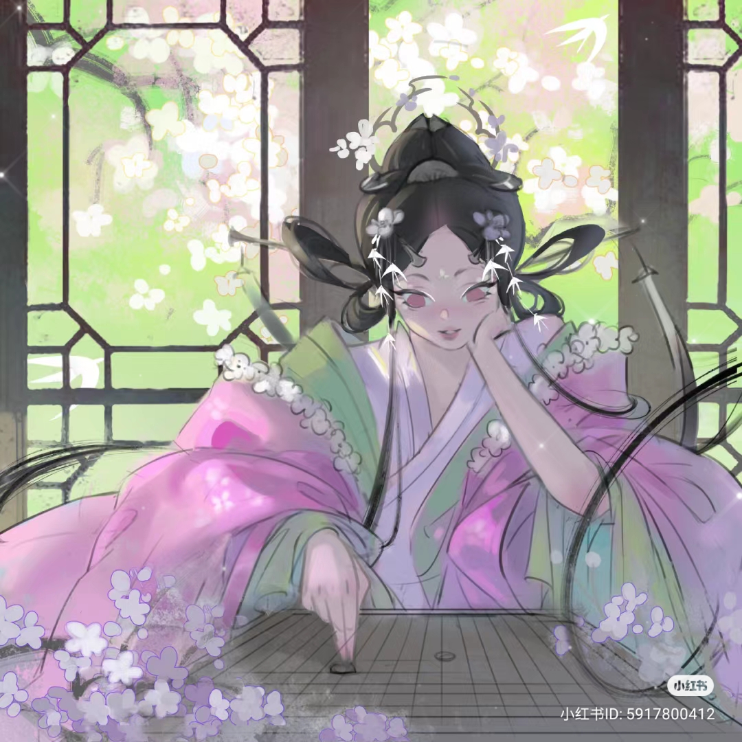 a woman in elaborate, flowing hanfu sits gracefully by a window, delicately placing a go stone on the board. cherry blossoms drift through the lattice window, casting dappled light upon the scene. the overall atmosphere is one of quiet contemplation and beauty.