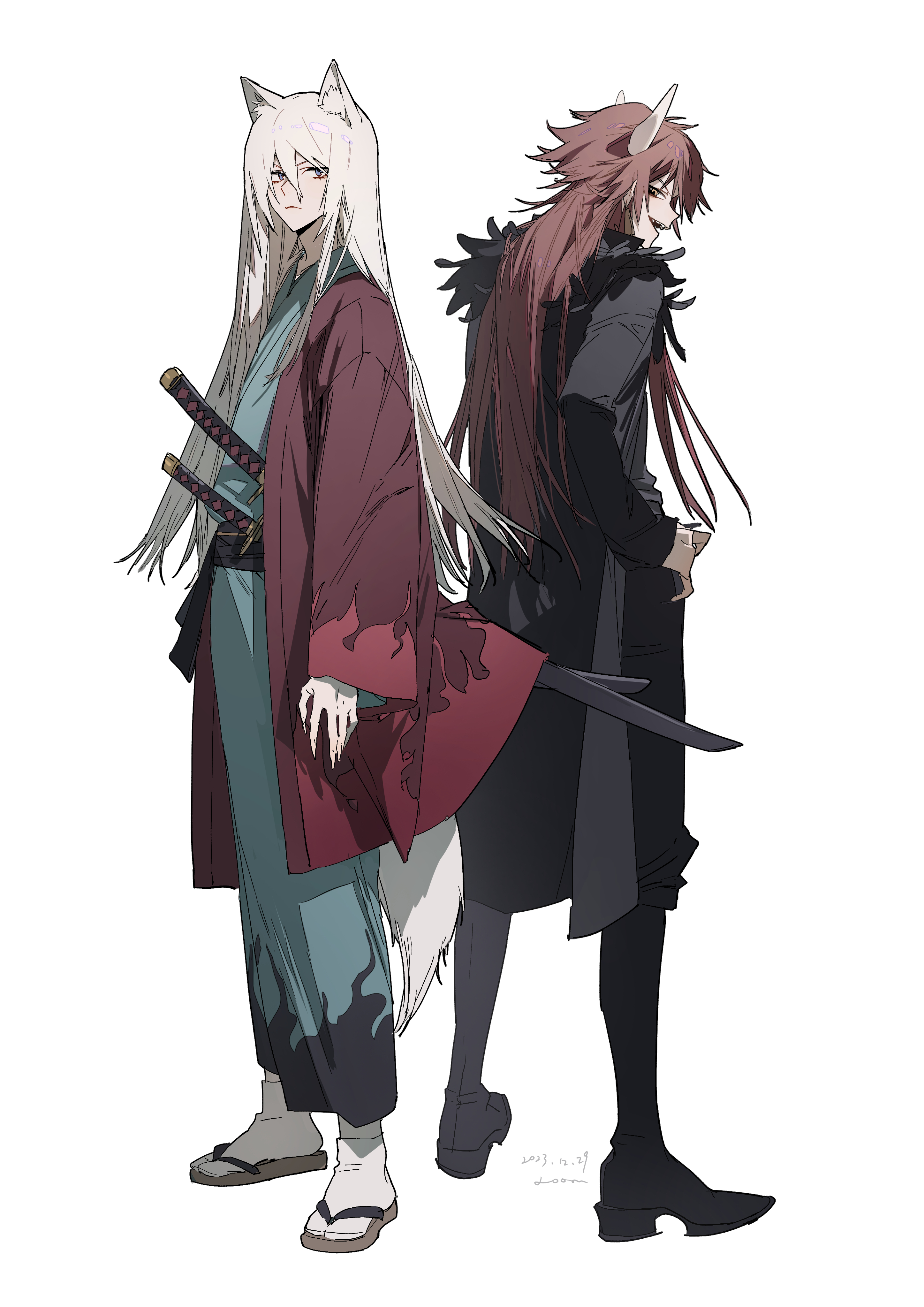 two anime style figures with animal features standing back to back. the figure on the left has white hair, fox ears, a tail, is wearing a blue kimono with a red robe, and has two swords at their waist. the figure on the right has long red hair, animal ears, a tail, and is wearing a dark outfit with fur trim.