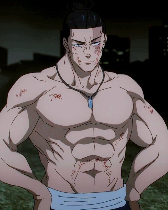a muscular, shirtless anime man with dark hair tied in a topknot stands with his hands on his hips. he has several scars across his chest and face. he is lit from the front, with a dark cityscape in the background.