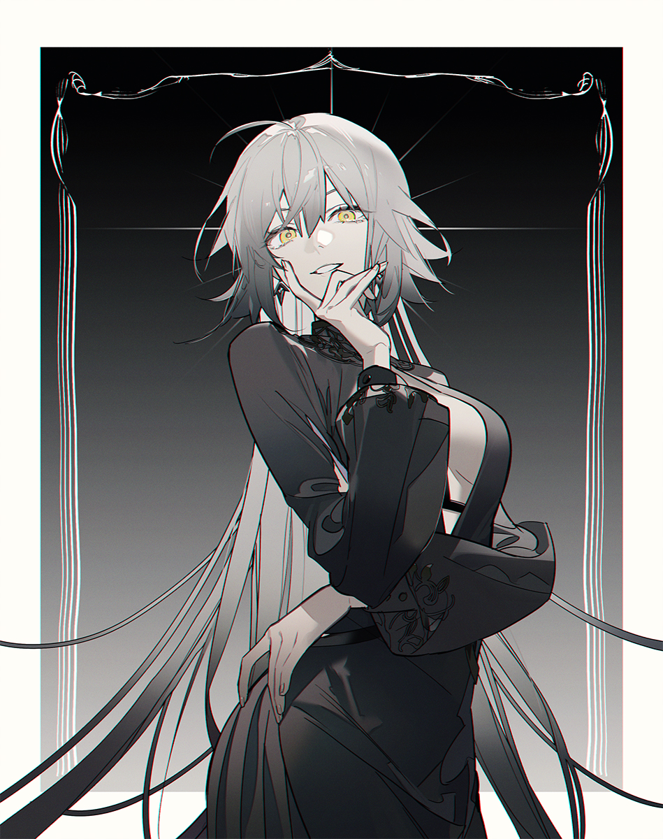 the image shows an animestyle female character with gray hair and yellow eyes. she is wearing a black dress and has long, flowing hair. her hand is on her chin in a thoughtful pose. the background is a gradient of black and white, with a decorative frame around the character.