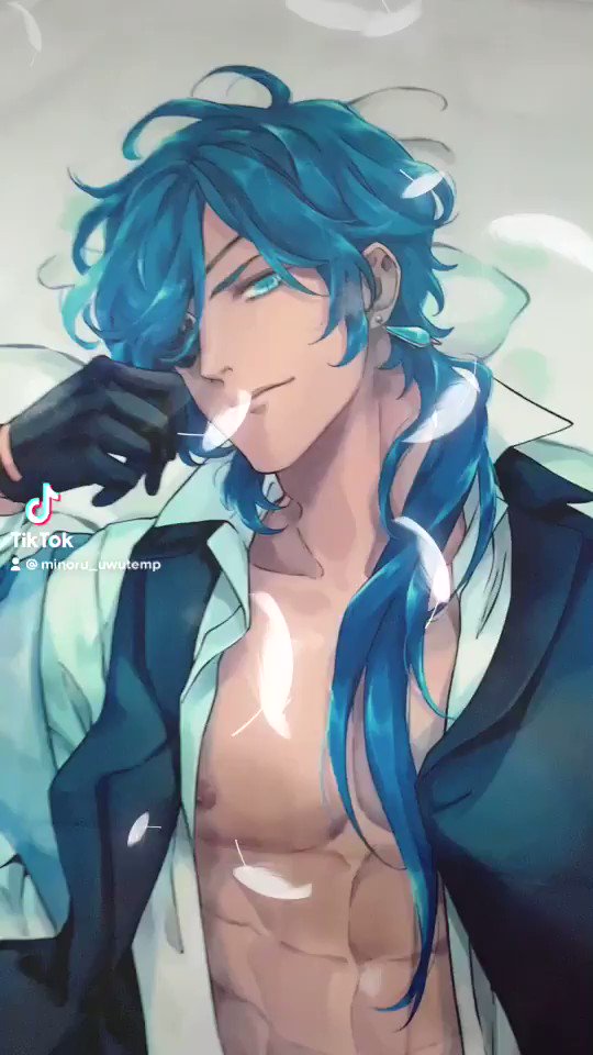 a drawing of a male anime character with blue hair and blue eyes, he is wearing a white shirt underneath a black suit jacket with a feather on his collar. he has muscular abs that are visible. the drawing is set against a white background with white feathers scattered about.