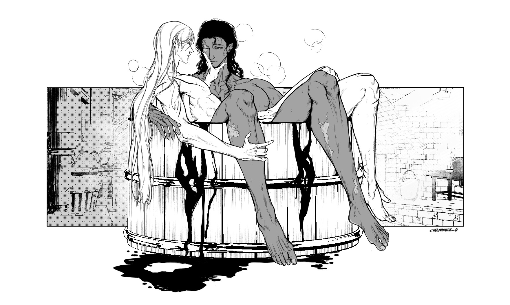the illustration depicts two men, one with long blond hair and the other with long dark hair, intimately embracing in a wooden japanesestyle bath (ofuro). the tub is filled with water, suggested by faint steam and water droplets. the scene is rendered in black and white with detailed linework, characteristic of manga or anime style.  the background features a hazy, slightly sketchy rendering of a brick wall and what appears to be a simple backroom setting.  dark ink spills around the base of the tub. the overall mood is sensual and intimate.