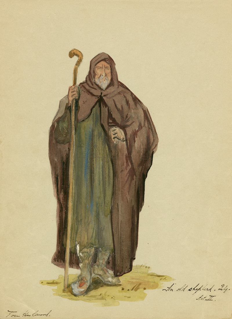 watercolor painting of an old shepherd. the man is wearing a brown robe and hood, and holding a staff. he has a long white beard, and is also wearing a green tunic. the painting is a costume design for a stage production, labeled "an old shepherd 24. act ii".