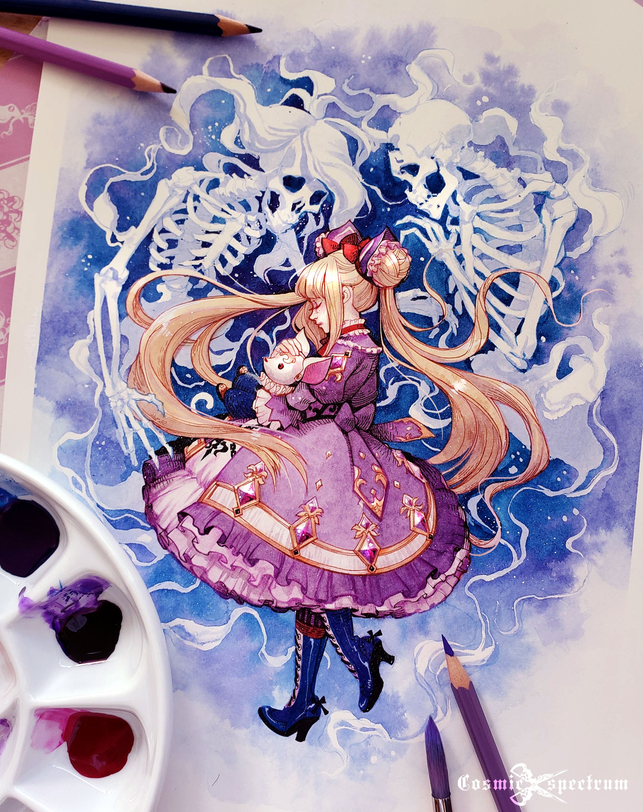 the image showcases a beautiful watercolor painting of an animestyle girl with long blonde hair. she's dressed in a vibrant purple and pink lolitastyle dress and is gently holding a small, plush animal.  she appears to be floating amidst a dreamy, ethereal background filled with translucent, ghostly skeletons. the skeletons are rendered in pale shades of white and grey, creating a delicate contrast with the girl's colorful attire. the overall style is whimsical and cute, suggestive of a fantasy or dreamlike scene.  the artwork is surrounded by art supplies such as colored pencils and a paint palette, suggesting a work in progress.  the artist's signature, "cosmic specleum," is visible in the bottom right corner.