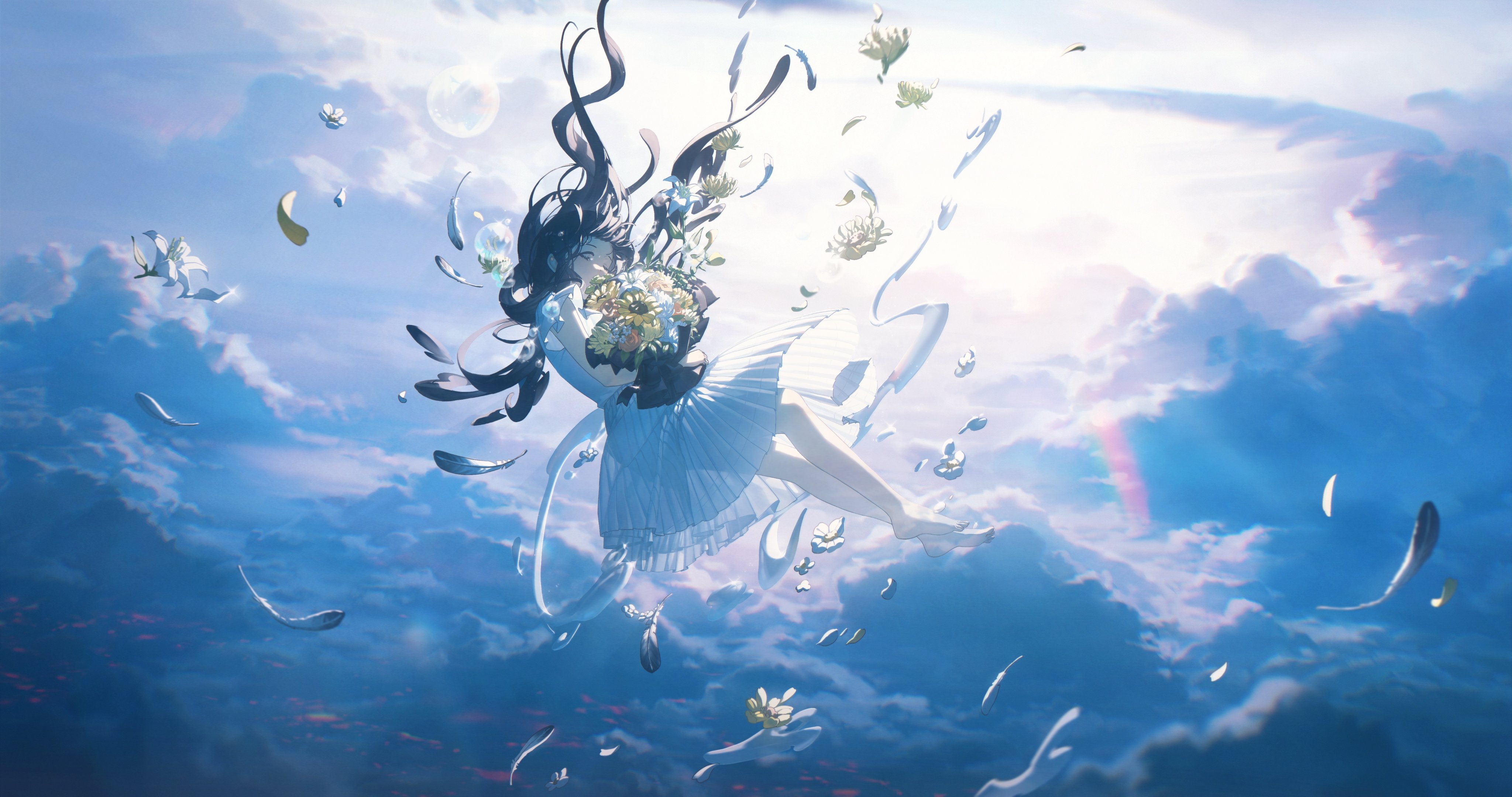 the image shows an animestyle illustration of a girl floating in the sky amidst clouds and falling flowers and feathers. she is wearing a white dress and holding a bouquet of flowers. the background is a dreamy scene with a moon and bright light filtering through the clouds. the overall mood is peaceful, serene, and whimsical.