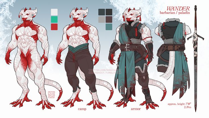 this is an illustration of a humanoid dragon character in the style of a fantasy character. the artwork is divided into 3 panels. the panel on the left shows the character in "camp" attire. the panel on the right shows the character in armor. the panel in the middle shows the character with a sword and is labeled "wander". the character has white skin with red markings and wears dark pants and a green sash in the camp attire, and is wearing a blue and grey armor with a black belt in the armor panel. the sword is a large metal sword with a brown handle and a white strap around it. the character has a long tail, red hands, and feet, and is wearing a white helmet in the middle panel.