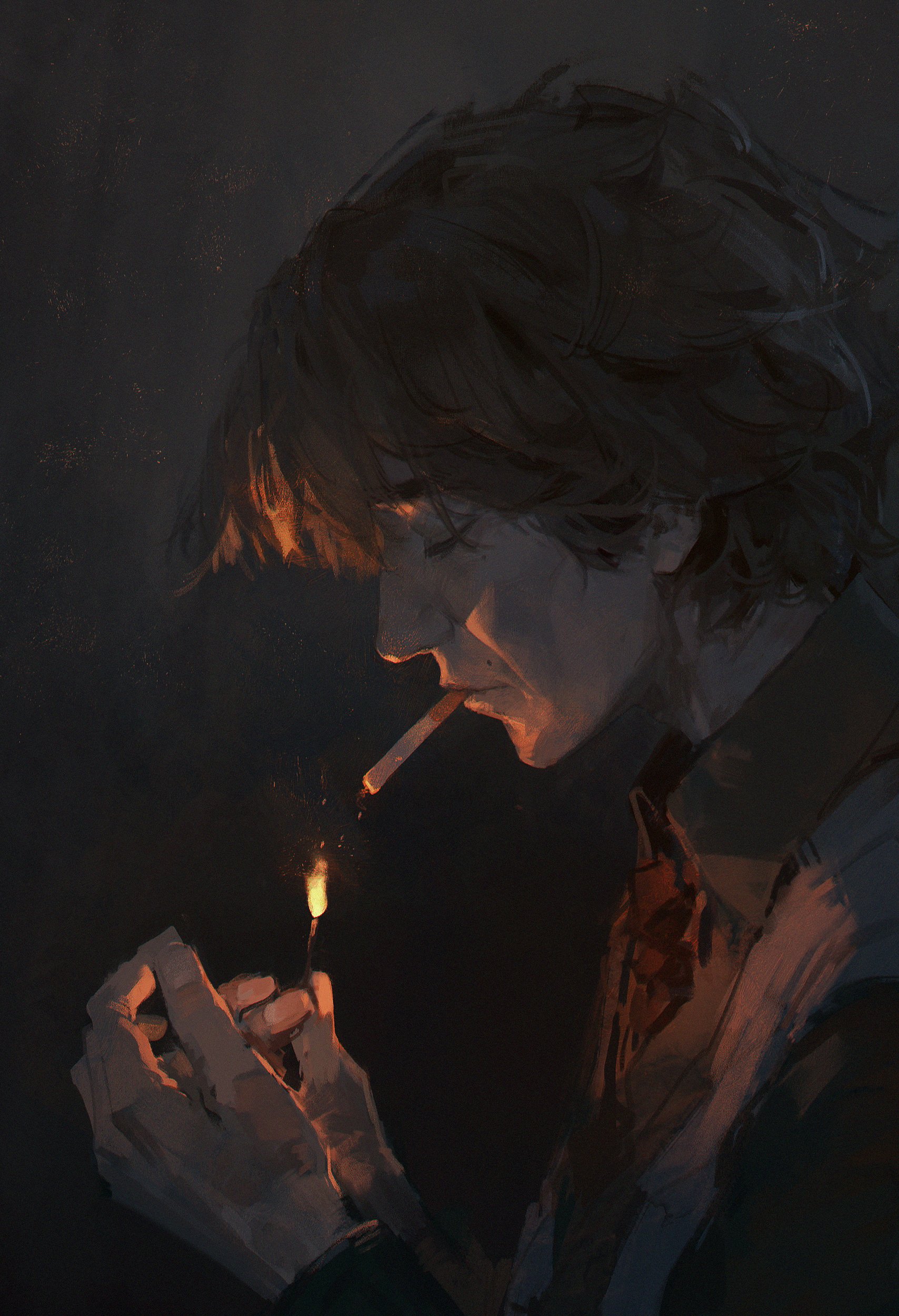 the image is a digital painting or illustration of a man's profile. he appears to be young, with dark, somewhat unkempt hair. he is deeply shadowed, with only his face and hands illuminated by the faint light of a match he's using to light a cigarette. the overall mood is somber and pensive; the man's expression is difficult to decipher fully due to the shadows, but he seems lost in thought, perhaps feeling melancholy or sadness.  the dark background and lighting enhance the mood of quiet contemplation and solitude. the style is painterly and atmospheric, emphasizing mood and emotion over sharp detail.