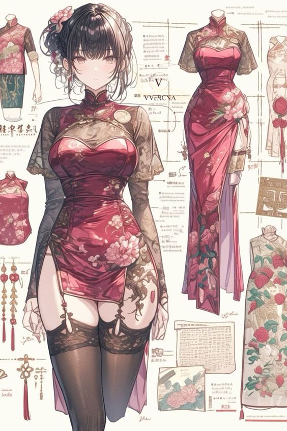 a beautiful anime girl in a red cheongsam dress. her dress is adorned with gold and floral patterns. she's wearing black garters with lace stockings, and she's posing with her hands on her hips. the background features sketches of different cheongsam styles.  the image is welldrawn and has a fantasy feel.