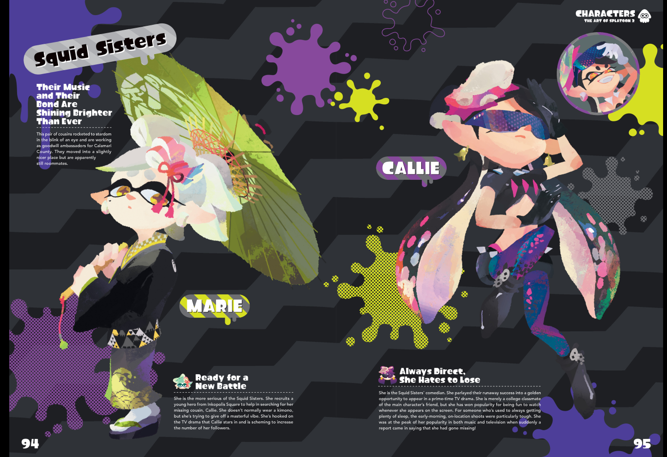 the image presents a character information page featuring marie and callie, the squid sisters, from the video game splatoon 2.  the background is black splattered with pink ink.on the left side, marie is depicted in a black and white kimono with red accents, holding a paintbrush. a text box outlines her personality and current situation within the game's story.  on the right side, callie is depicted in her signature idol outfit, striking a pose. a similar text box describes her personality, career trajectory, and mysterious disappearance within the game's narrative.