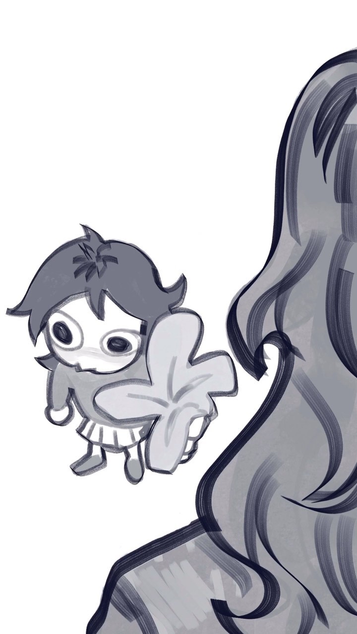 he image is a monochrome cartoon drawing. it features a small girl with short hair holding a large flower in front of a woman with long, flowing hair. the style is simplistic and slightly whimsical, with soft lines and shading.  the focus is on the girl and the flower, while the woman's face is not visible. the overall mood is calm and gentle.