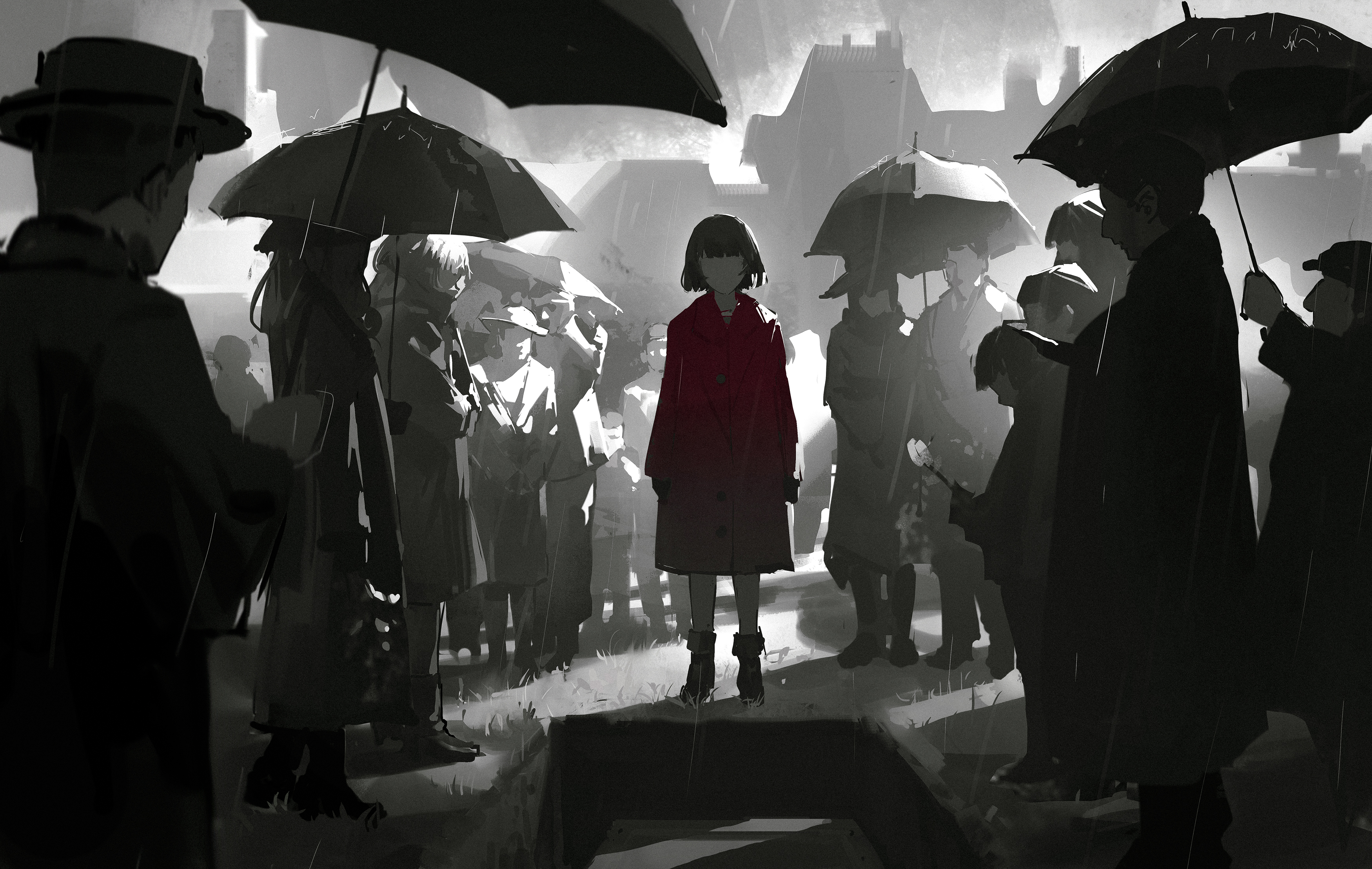 a lone girl in a red coat stands before a grave, surrounded by a somber crowd holding umbrellas.  the scene is shrouded in darkness and rain, creating an atmosphere of grief and sorrow.  the silhouettes of the people in the background add to the somber tone, emphasizing the solitary figure of the girl. the stark contrast of the red coat against the gray and black of the surroundings draws the viewer's eye to her, highlighting her isolation and vulnerability.