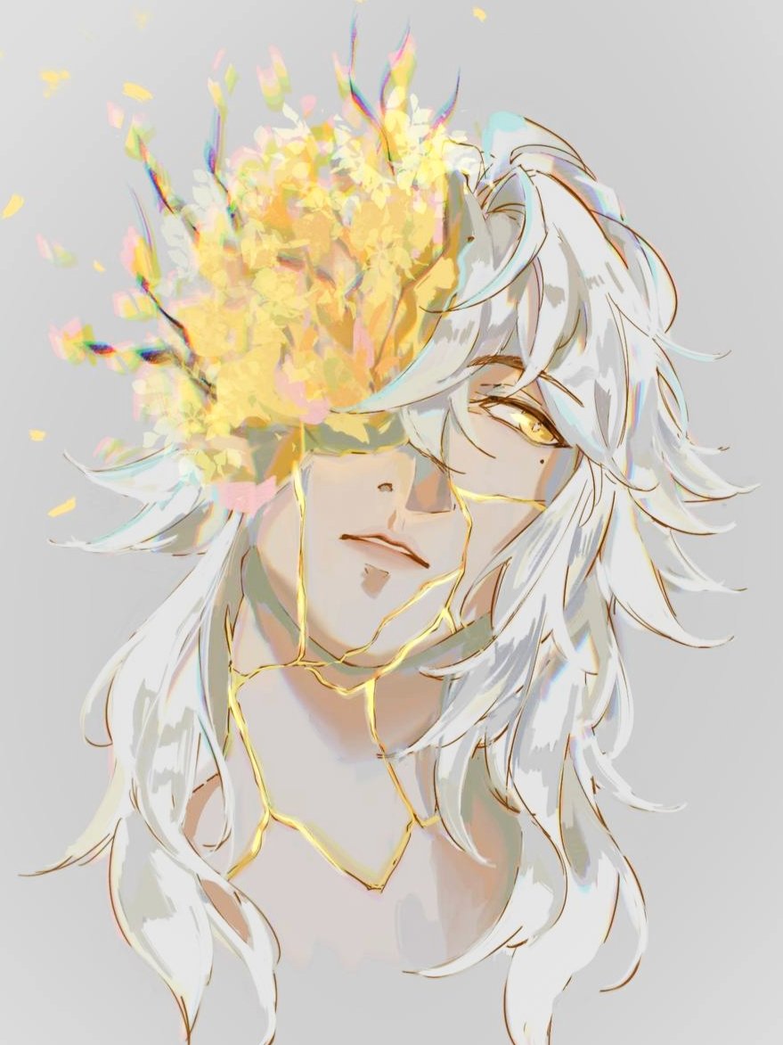 the image depicts a young anime male character with long, flowing white hair. the character has golden eyes and is adorned with a golden pattern across his face and neck. the image is set against a gray background, with a yellow, flowerlike design obscuring the character's left eye and radiating outwards like a burst of light. the overall style of the artwork is digital and whimsical, with a soft and ethereal quality.