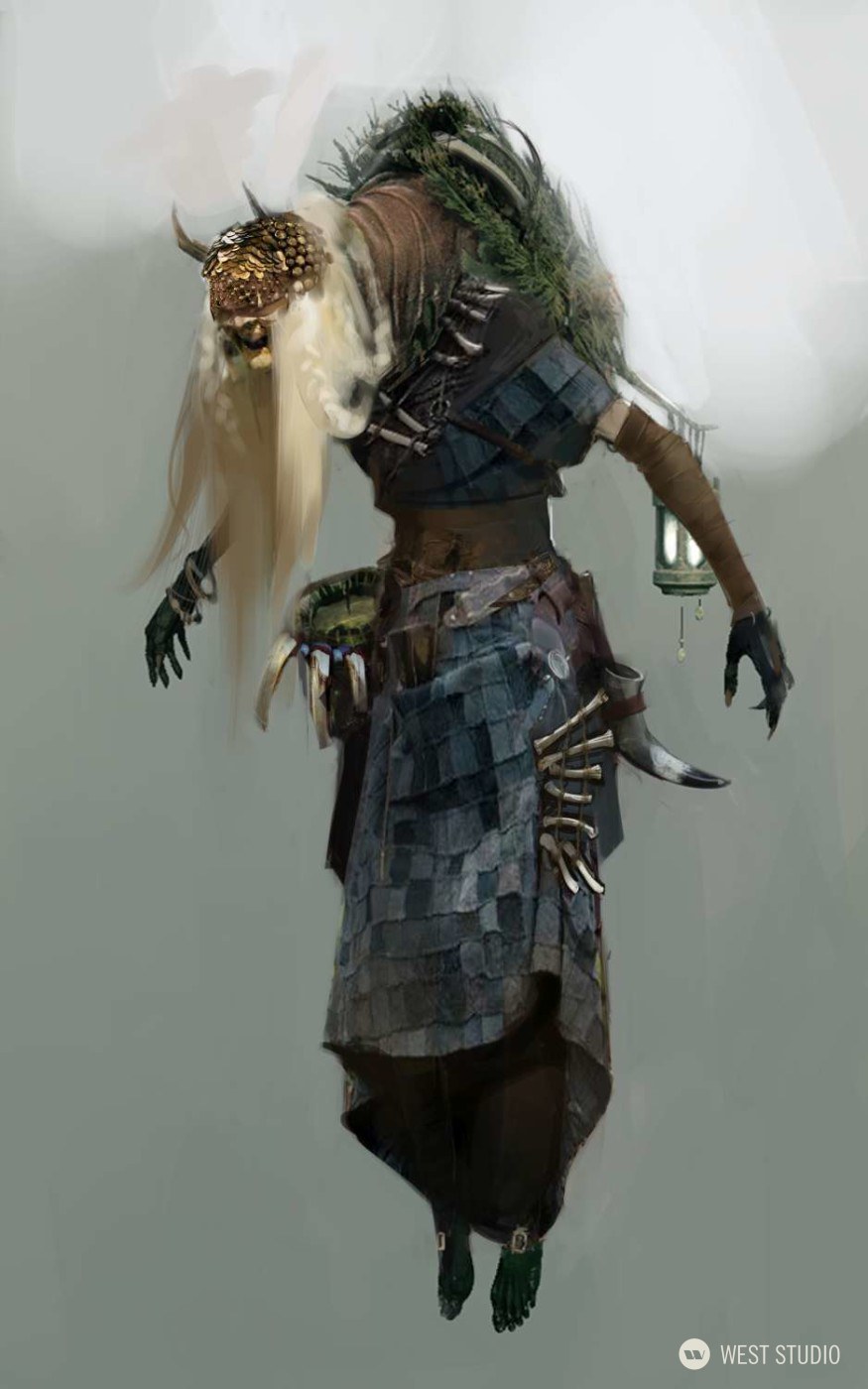 the image showcases a digital painting of a shamanistic creature. set against a muted graygreen backdrop, the creature appears to hover slightly above the ground. it is adorned in an eclectic mix of tribal attire, with a prominent headdress featuring horns and what appears to be a skull. a long, white beard flows down its chest, contrasting sharply with the earthy tones of its skin and clothing. the creature carries various trinkets and tools, including a pouch, bones, and a lantern. its feet are obscured, hinting at a connection to the ethereal realm.