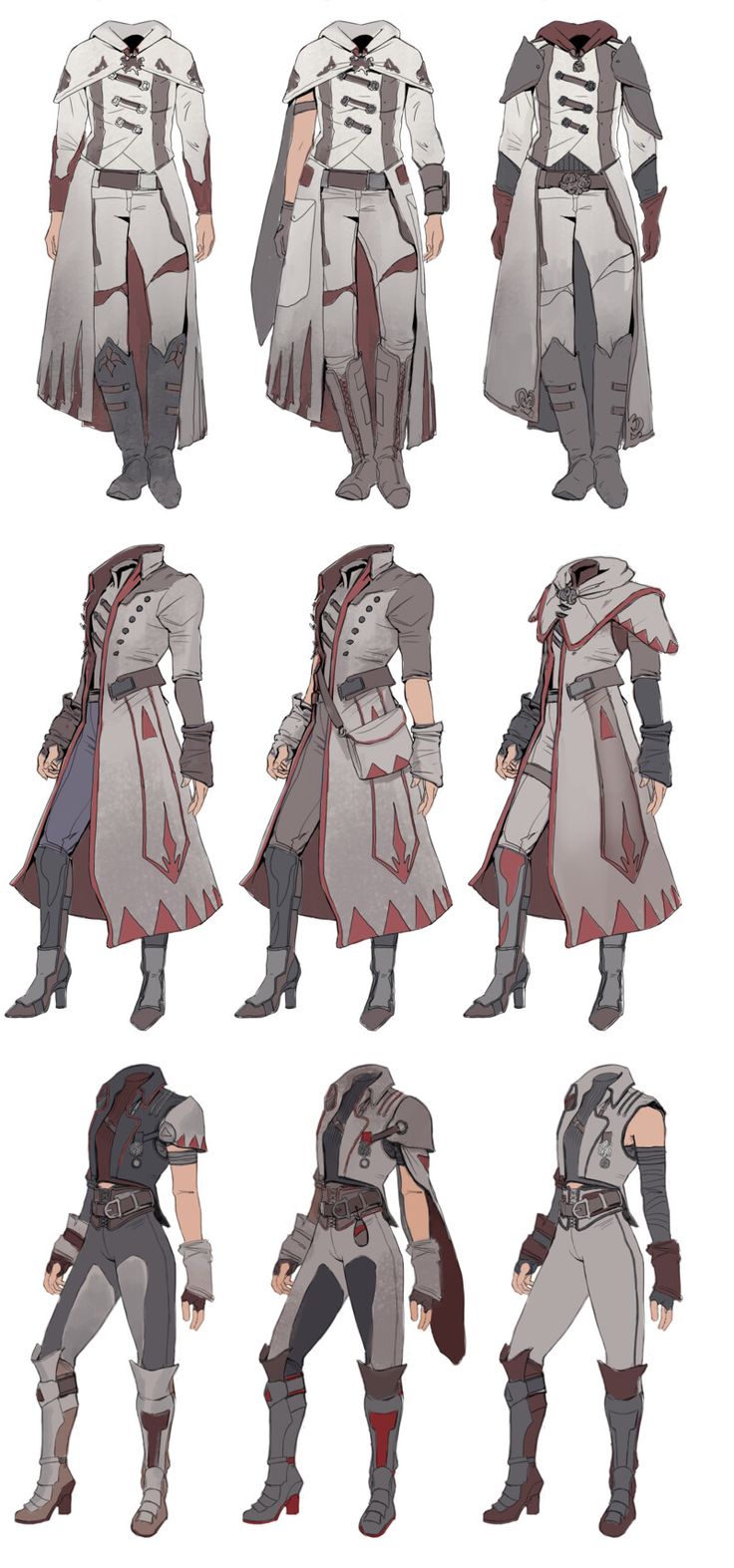 he image showcases a series of character design sketches, specifically focusing on variations of a fantasyinspired costume.  the designs include several fullbody illustrations of a character in a hooded cloak and long coat, with various details changed across different sketches.  these changes include differences in the sleeves, collar, and the overall shape and style of the coat, suggesting exploration of design options.  the character is depicted in different poses, adding depth to the character design process. the color scheme is primarily shades of grey, white, and accents of red, maintaining a consistent aesthetic across all iterations. the overall style is reminiscent of medieval or fantasythemed clothing, possibly for a game or animation.