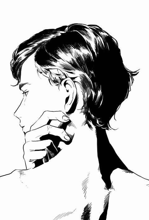 a black and white line art drawing of a woman's side profile. her hair is styled in a short, choppy cut, and she has her hand resting on her chin, appearing to be deep in thought. she has a soft, youthful face with large eyes, a small nose, and slightly parted lips. the drawing is done in a realistic style with fine lines and shading.