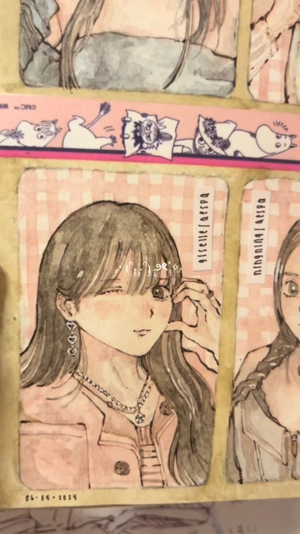 the image is a watercolor drawing of an anime girl with long dark brown hair, wearing a pink jacket and a necklace. she has a winking expression and is posing with her hand near her face. the drawing is set on a pink and white checkered background with text that says "aespa 02" and the date "02162024". the drawing is done in a very detailed and realistic style.