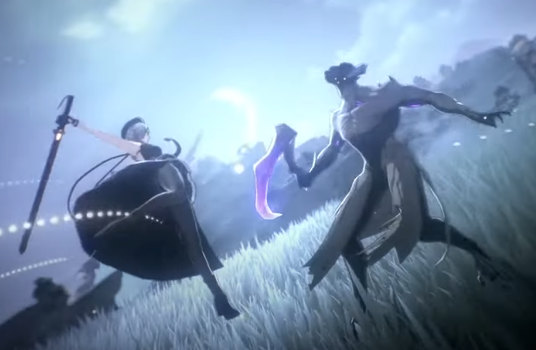 the image portrays a fierce battle between a woman in a black dress wielding a shining sword and a monstrous, humanoid figure wielding a glowing purple axe. they are engaged in a dynamic fight in a field of tall grass, with the ruins of a city visible in the background under a bright, overcast sky.