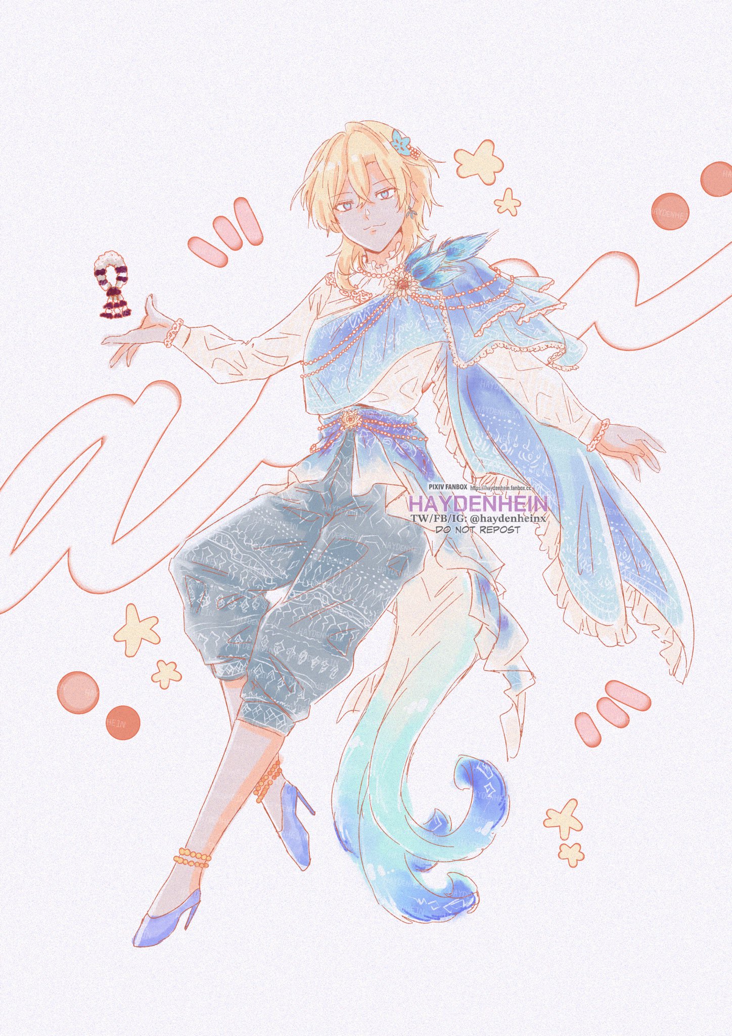 a digital drawing of a female anime character with blonde hair, wearing a blue and white dress, jewelry and shoes. she is standing in a whimsical setting with stars, flowers, and other cute elements in the background. the illustration is done in a soft, pastel color palette and has a magical and elegant feel.
