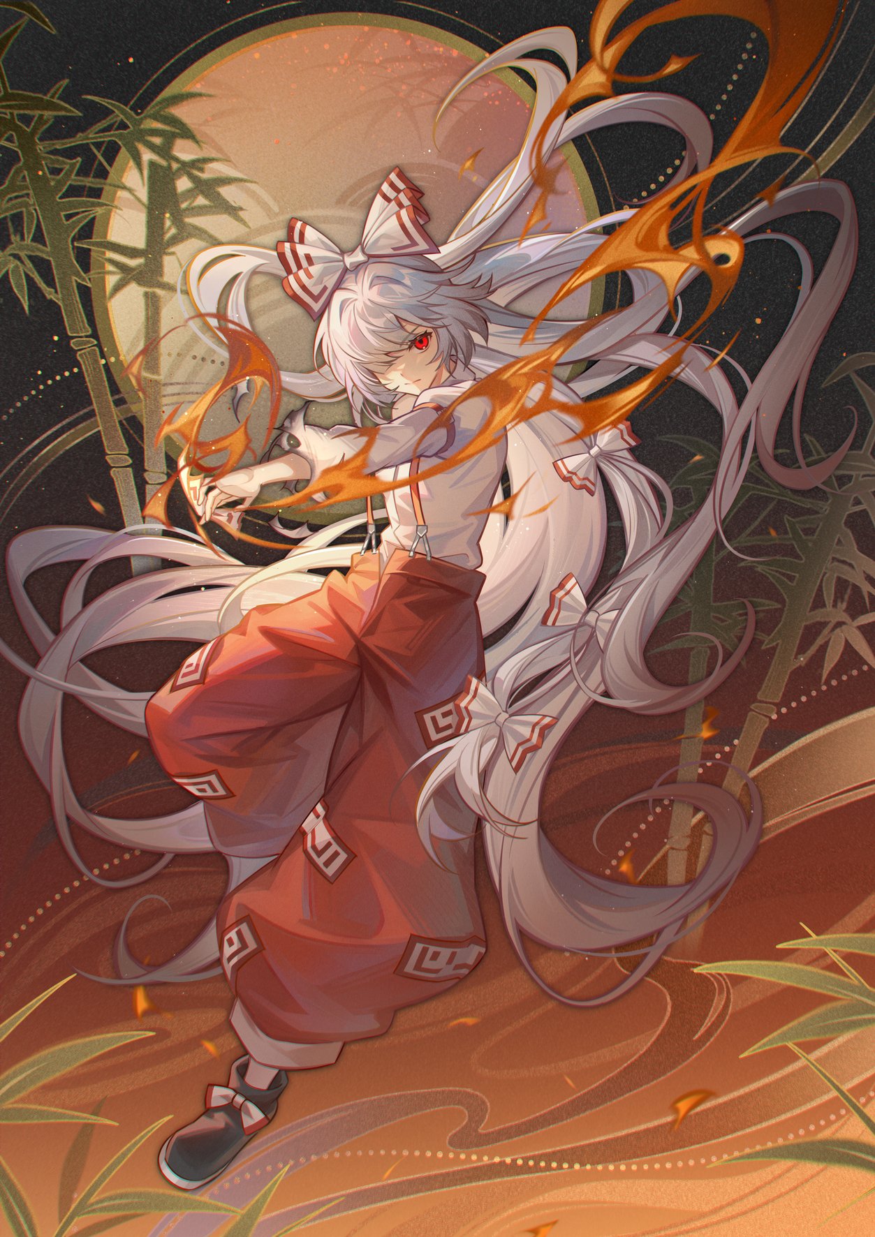 the image is a digital painting of an animestyle girl with long white hair and red eyes. she's wearing a traditional japanesestyle outfit consisting of a white shirt and red hakama pants adorned with geometric patterns.  orange flames swirl around her, emanating from her hands, suggesting magical abilities.  the background features a stylized moon, bamboo stalks, and a muted orange and brown color scheme, creating a mystical and atmospheric setting. the overall style is elegant yet dynamic, capturing a sense of movement and power.
