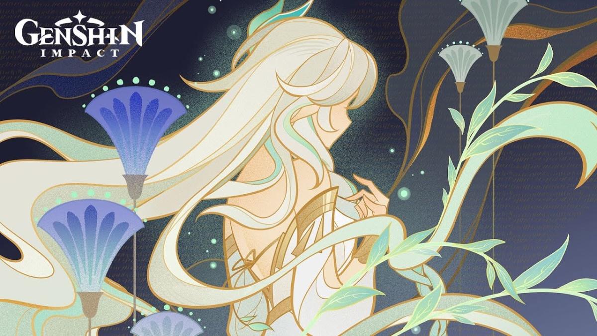 this is an illustration from genshin impact, a popular video game, featuring a female character with long white hair and a white dress. she is surrounded by green leaves and blue flowers. the background is a dark blue with gold accents. the image is in a fantasy style.