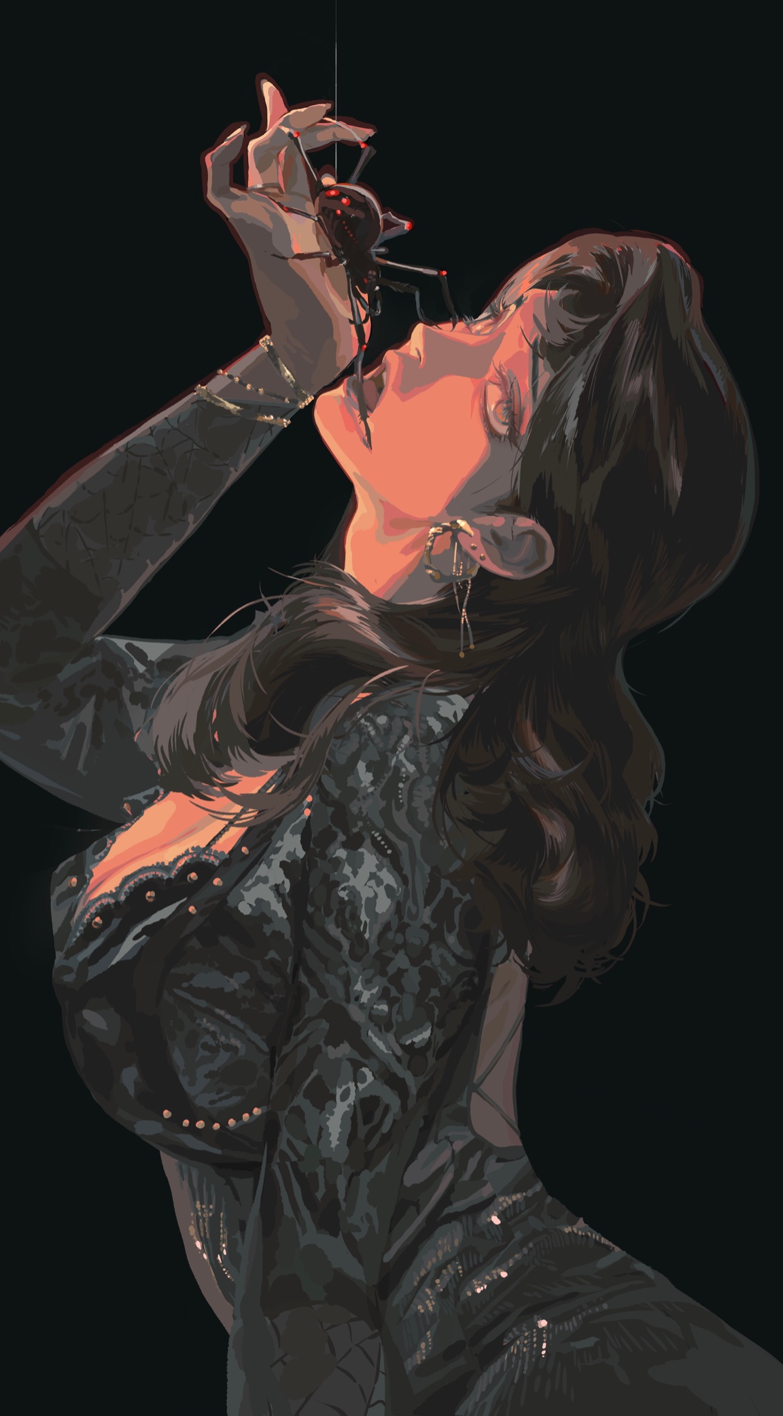 the image depicts a woman with dark, wavy hair, dressed in a dark, embellished dress. she is looking upwards with her mouth slightly open, and a spider hangs above her, held by a thin thread. her hand is raised towards the spider, creating a sense of anticipation. she's wearing an earring and a necklace. the background is dark, emphasizing the woman and the spider as the focal points. the artwork style is digital painting.