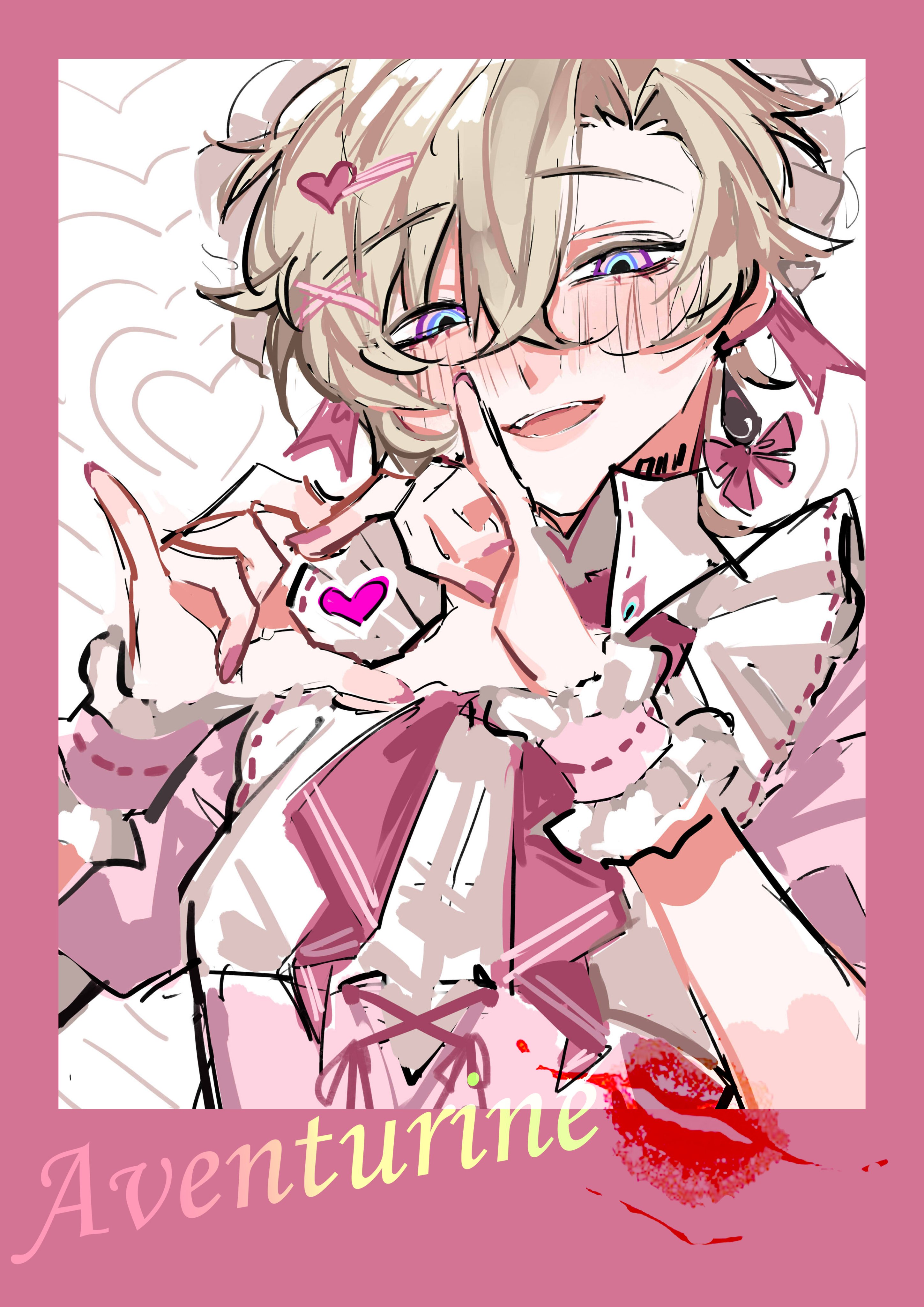 this is an anime style illustration of a young girl with long blonde hair, wearing a pink and white dress. she is smiling and has her hands making a heart shape over her chest.  she has red lips and is wearing glasses with pink hearts on the sides. the background is pink and has hearts scattered around. the word "aventurine" is written at the bottom of the image in a white font. the overall image is cute, adorable, and cheerful.