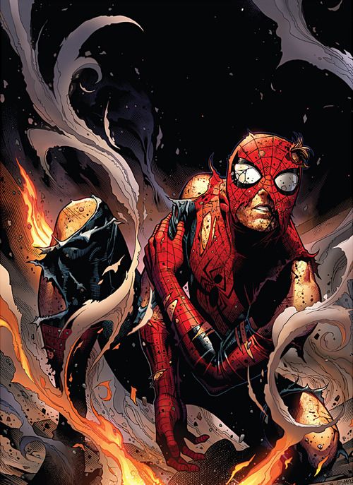 this is a comic book cover image showing spiderman injured and surrounded by flames. his suit is ripped in some parts. he looks defeated and battered but still determined.