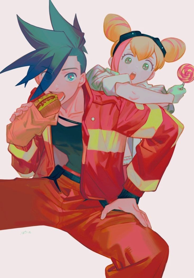 the image is a vibrant digital illustration in an anime style, featuring a young man and woman. the man, with spiky teal hair, is dressed in a bright red firefighterstyle jacket and pants. he's eating a hot dog. the woman, with blonde hair in buns and sunglasses, is cheerfully sitting on his back, holding a lollipop.  the overall style is bright and playful, with a focus on bold colors and a slightly stylized character design. the artwork suggests a close, friendly relationship between the two characters.