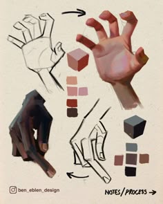 the image shows a digital art tutorial of how to draw hands in different poses and angles. the first hand is in a relaxed, open pose, the second hand is in a closed fist, and the third hand is pointing. the image also includes color swatches and notes for each hand.