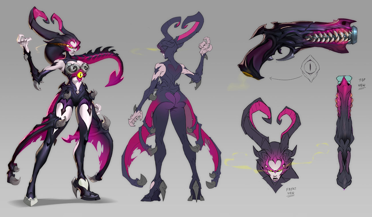 this is a digital illustration of a character design concept for a female demonlike monster. the character is drawn in multiple views, showing the front, back, side, and a closeup of the head. the character is humanoid with horns, wings, and spiderlike features. the character is wearing a black and pink outfit. the character is holding a gun in its hand. the illustration is done in a dark, gothic style with purple, pink, and black colors.