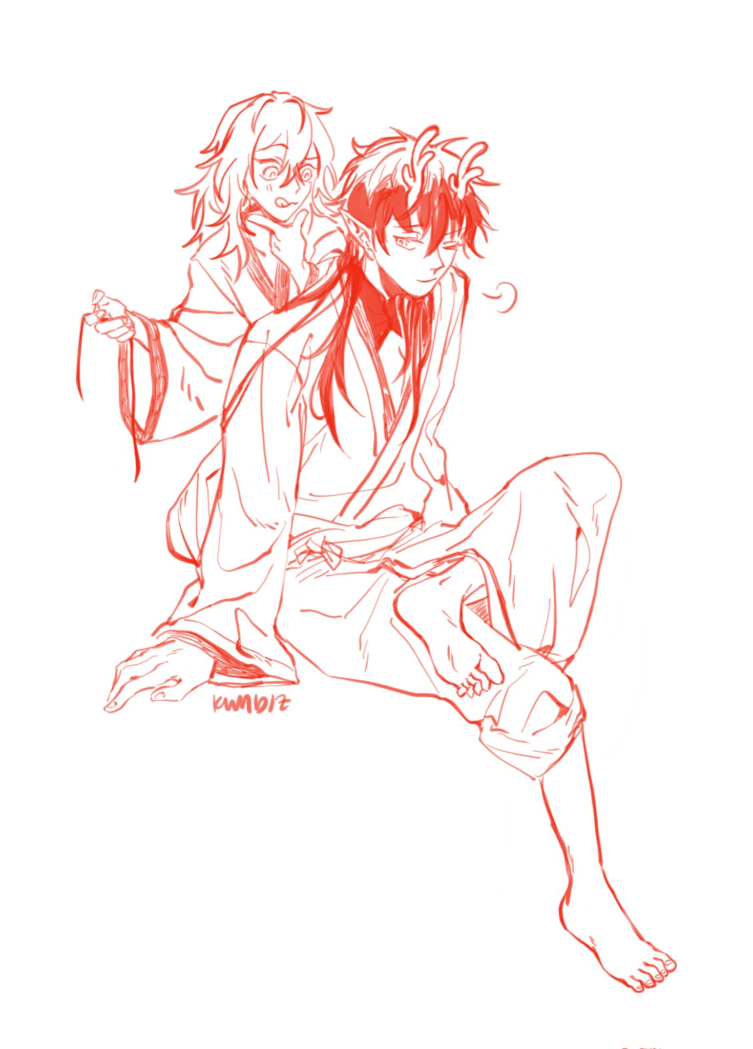 a line art drawing in red of an anime couple.  the male character is sitting with his legs crossed and the female character is sitting behind him with one hand on his shoulder,  looking at him and smiling.  she has long hair and is wearing a long robe, he is wearing a robe and has long hair and antlers.