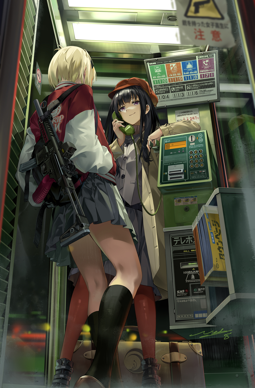 the image is a detailed digital illustration in the style of anime or manga. it depicts two schoolaged girls inside a public telephone booth at night. one girl carries a submachine gun slung over her shoulder. both girls are wearing school uniforms consisting of pleated skirts and thighhigh socks, and boots.  the telephone booth is old and slightly rundown, showing signs of wear and tear and with some japanese text visible on it.  a suitcase sits on the ground beside them, adding to the sense of travel or displacement. the overall mood is a blend of urban realism and a hint of mysterious intrigue, enhanced by the dark lighting and the girls' expressions and attire. the level of detail in the image is quite high, suggesting a professional digital illustration.