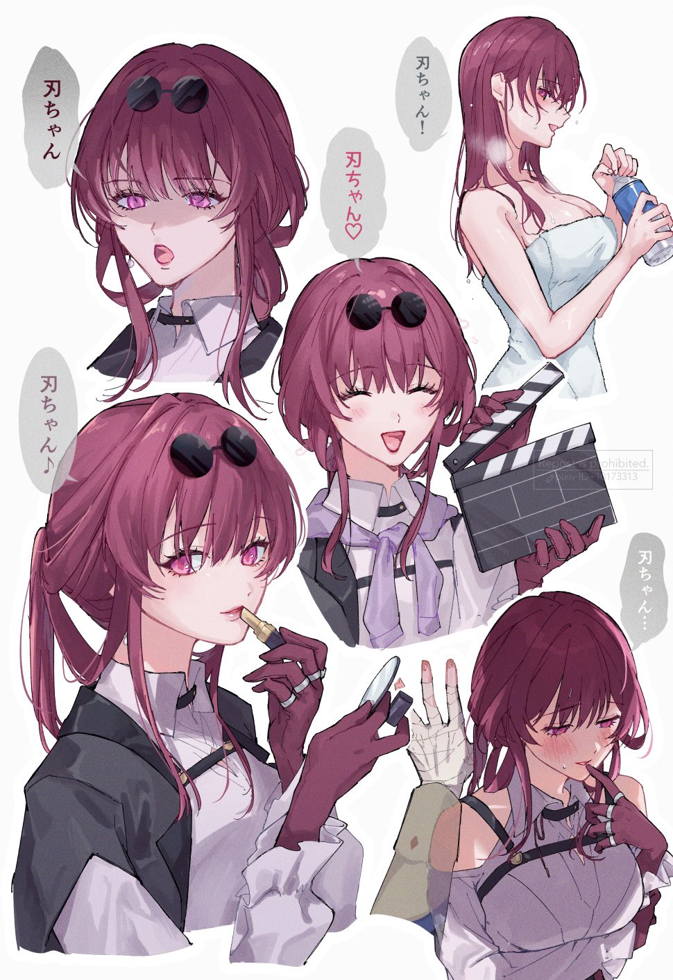 this is a digital art illustration of a cute anime girl with pink hair and red eyes. she is applying lipstick and looking at the mirror. the girl is surrounded by other images of her, each with a different expression and outfit. this artwork is inspired by japanese manga and cartoon style. the overall theme is cute and kawaii.