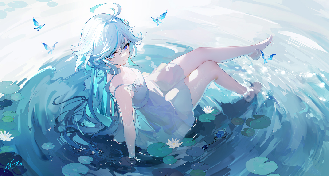 an animestyle image depicts a young woman with long, flowing light blue hair and violet eyes. she is partially submerged in a body of water, possibly a pond, wearing a lightcolored, possibly white, dress. the water is filled with lily pads and white lotus flowers. several blue butterflies are fluttering around her. she's sitting and propping herself up with her left hand. her legs are partially raised from the water. the overall tone is dreamy and ethereal.