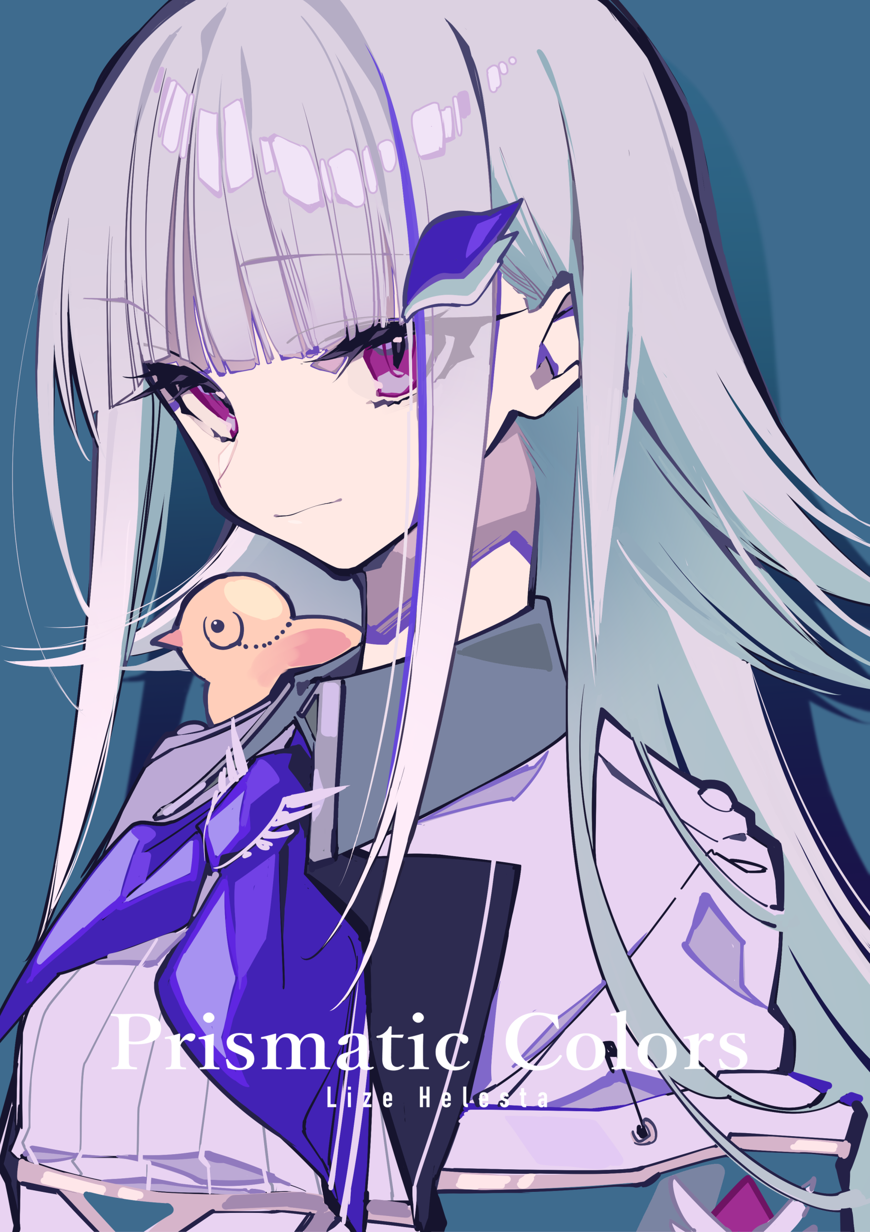 a stylized digital illustration of an animestyle girl with light hair and purple eyes. she has a small yellow bird resting on her shoulder. she is wearing a lightcolored outfit with purple accents. the text "prismatic colors" and "lize helesta" are visible in the lower part of the image. the background is a solid teal color.