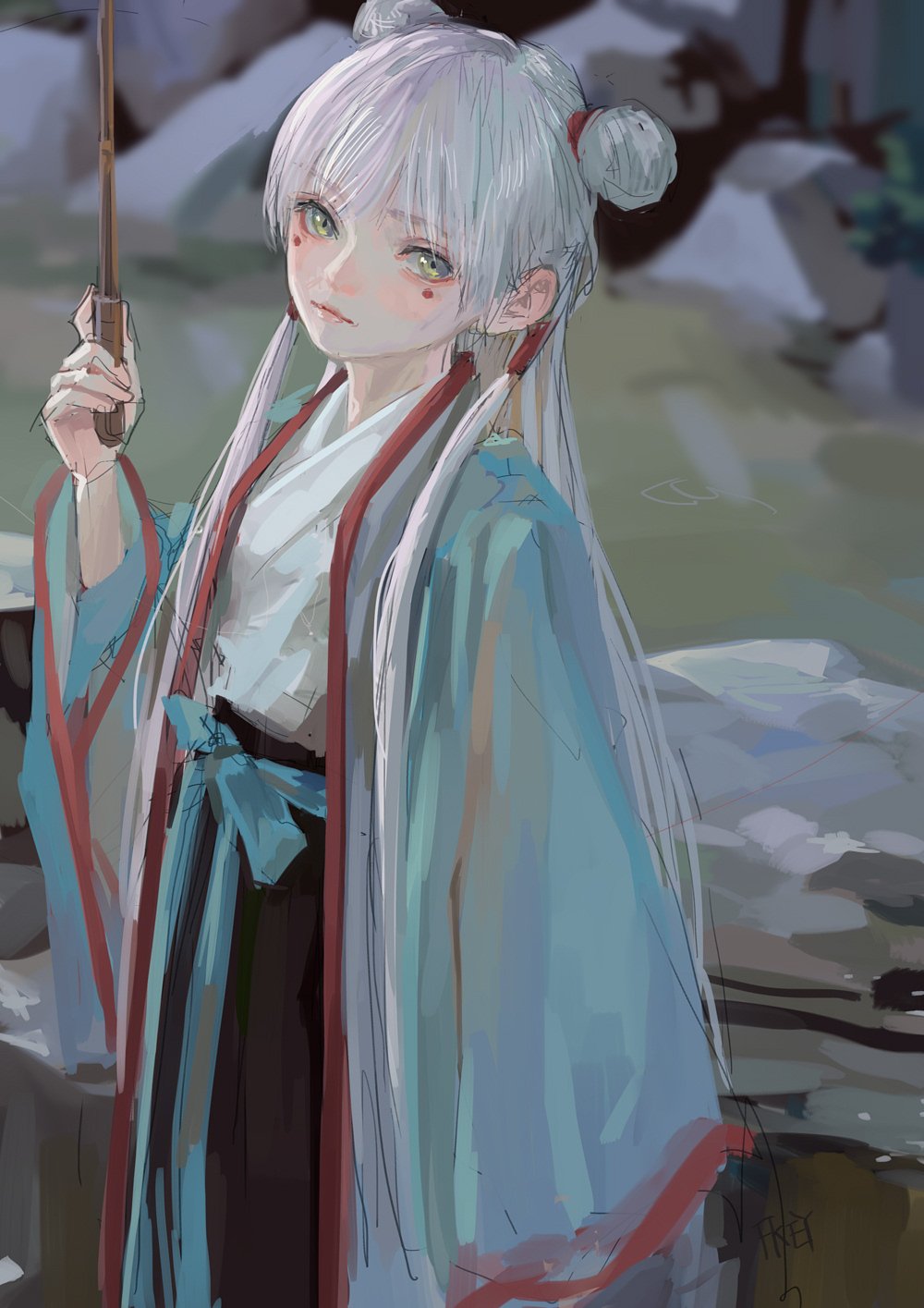 an animestyle illustration of a girl with white hair and green eyes, wearing a traditional japanese kimono with a light blue robe and dark blue skirt, accentuated with red detailing. her hair is styled in two buns. she is holding a closed umbrella and stands outdoors near rocks and water, with a serene and peaceful expression.