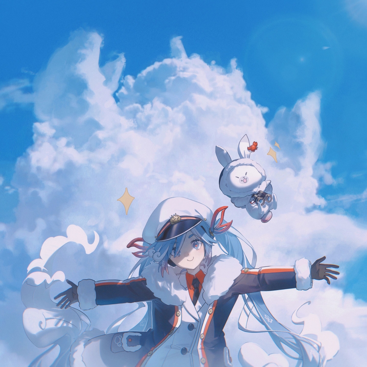 the image shows a digital art style depiction of an anime character with blue hair, wearing a white coat, a hat, a scarf, and blue eyes. to her right is a floating rabbit. the background features a bright blue sky with fluffy white clouds.