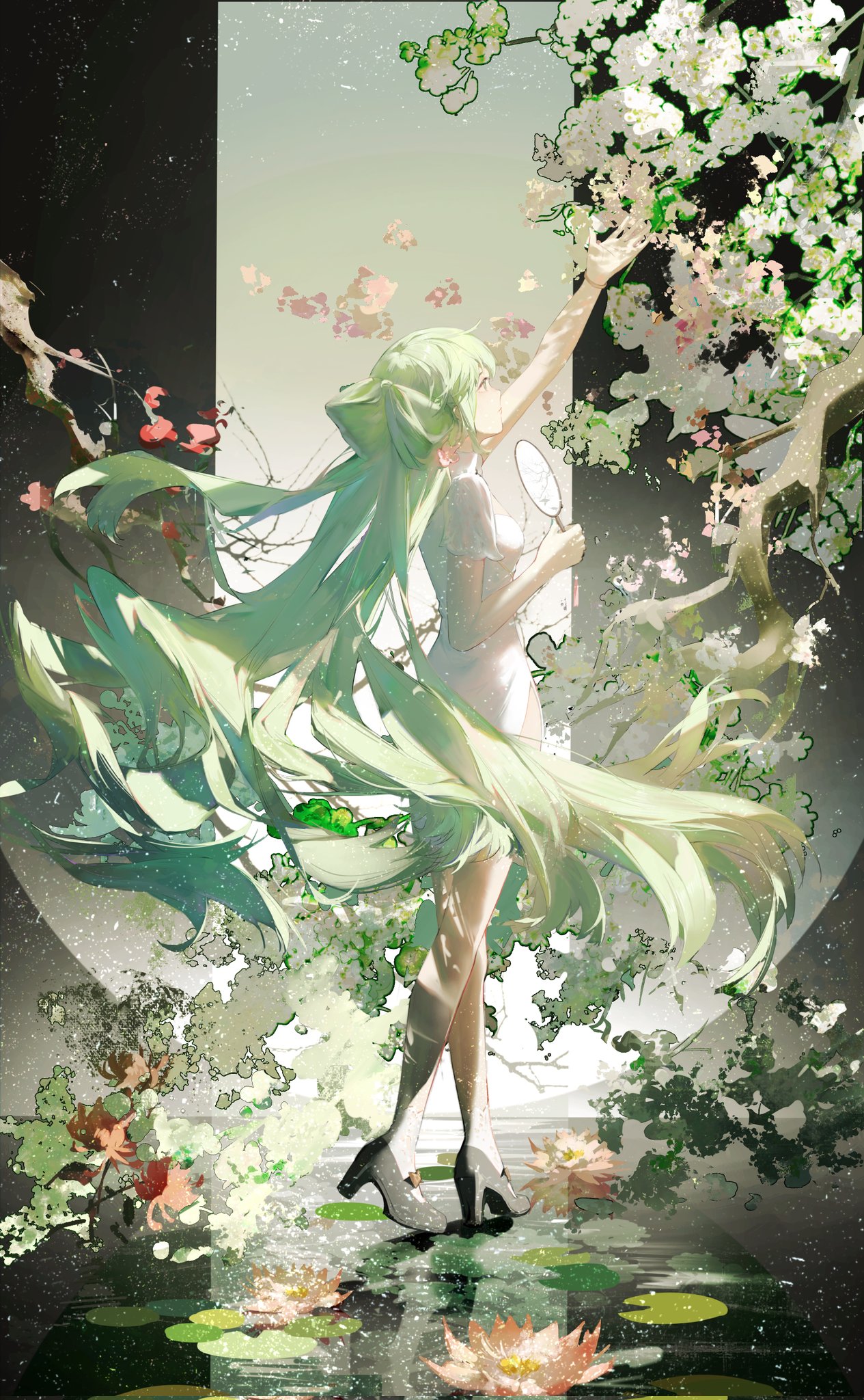 he image is a digital painting or illustration of an animestyle girl with long, flowing green hair. she is wearing a white dress and dark shoes. she is standing in a serene setting amidst a pond with lotus flowers and a cherry blossom tree. her hair flows around her like a stream, reflecting the overall ethereal and mystical vibe. the art style is soft and painterly, with a blend of realistic and fantastical elements. the overall mood is peaceful and beautiful.