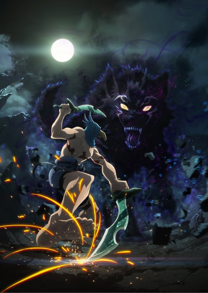 the image depicts a fierce battle scene from an anime or manga. a muscular, barechested warrior with blue hair and a birdlike mask faces off against a monstrous, shadowy wolflike creature. the warrior is wielding a glowing green sword, while sparks fly from the ground and a trail of glowing energy follows the movement of the warrior. the scene is set at night with a full moon in the background, adding to the dark and mysterious atmosphere. the intensity of the fight and the dramatic lighting suggest a climactic moment in the story.