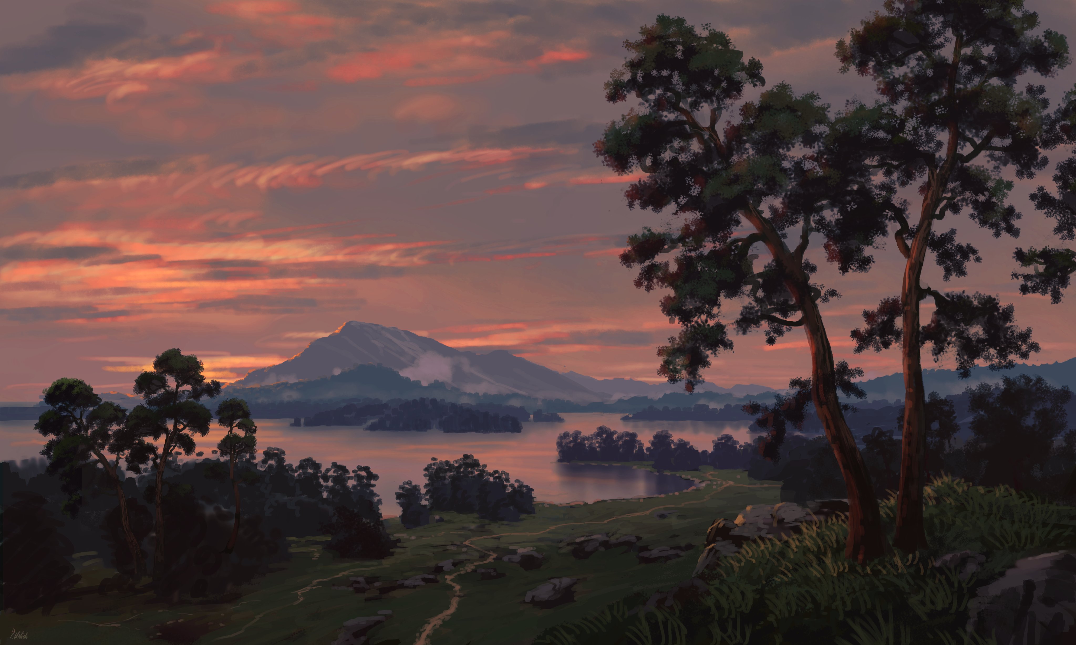 the image is a landscape painting of a sunset over a lake and mountains. the sky is filled with warm, orange and pink hues, and the sun is setting behind the mountains in the distance. the lake is calm and reflective, and there are trees and grass in the foreground. a path winds its way through the grass, leading towards the lake. the overall feeling of the image is one of peace and serenity.