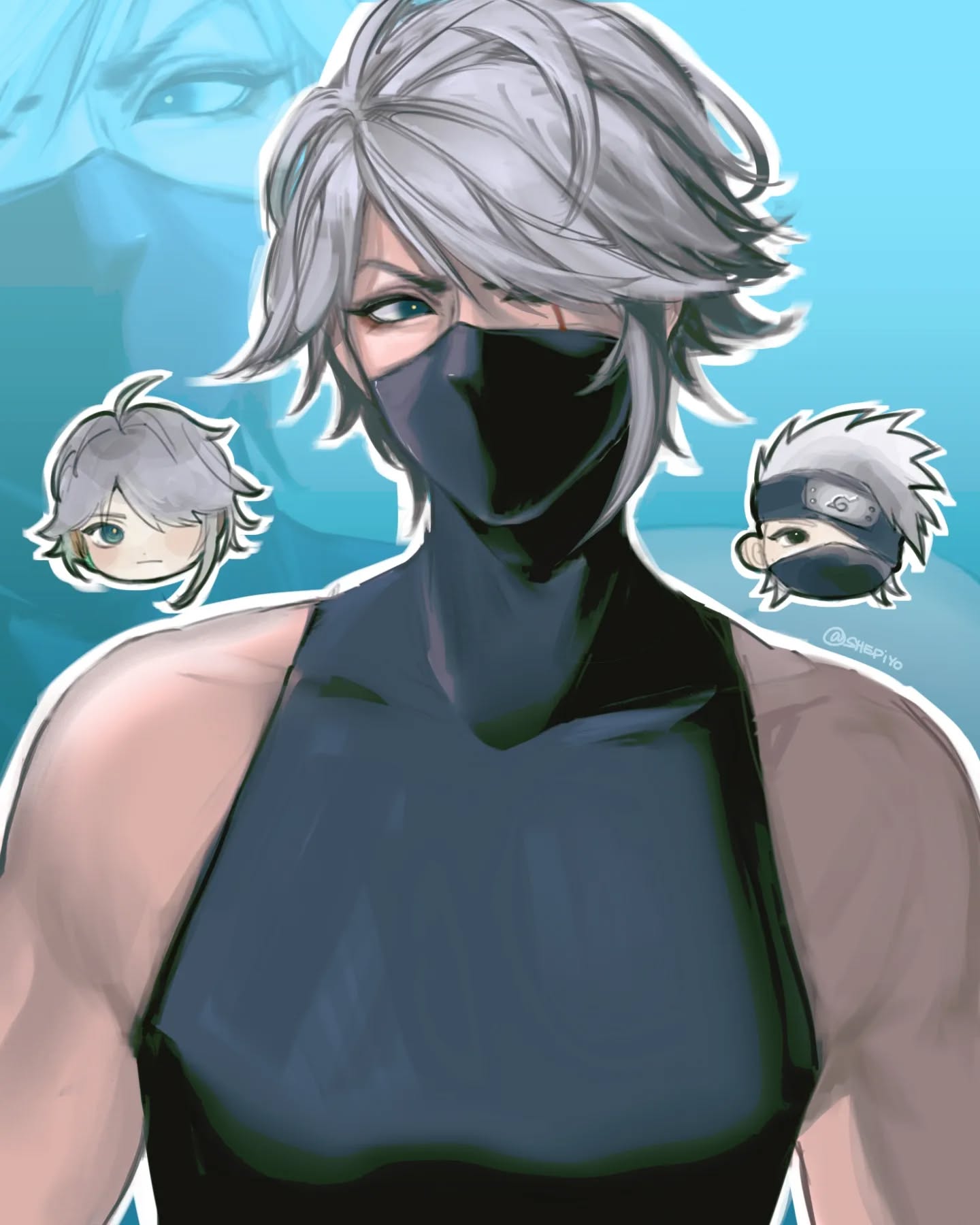 the image is a digital fanart depicting a stylized female anime character with short, gray hair and a dark sleeveless top.  she's wearing a black ninjastyle mask, covering her lower face. her build is muscular, suggesting strength. the style is a blend of realistic and anime aesthetics. in the background, and subtly in the corners, are smaller chibistyle depictions of other characters, possibly suggestive of other anime characters.  the overall color palette is cool, with blues and grays dominating. the style is evocative of manga and anime character design.