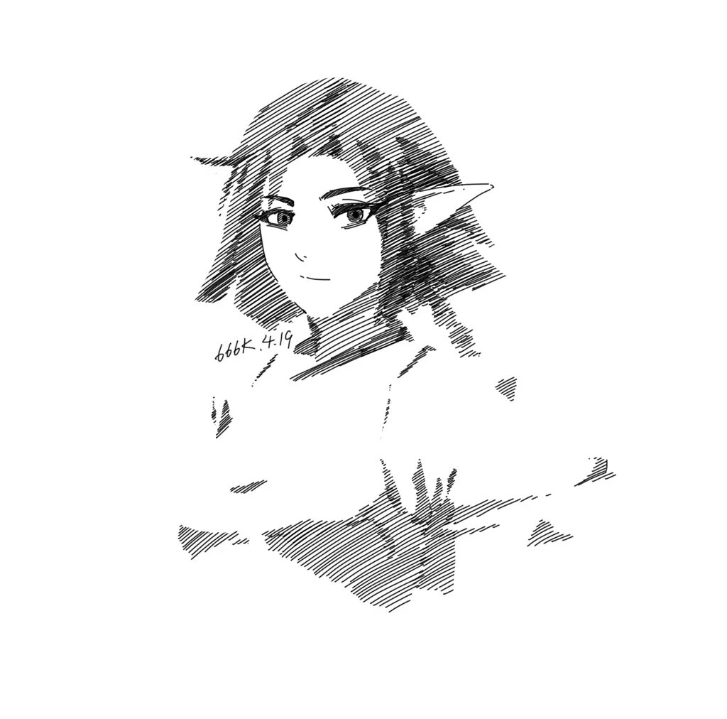 the image is a black and white line art drawing of a young woman or girl who appears to be an elf, indicated by her pointed ears.  the style is reminiscent of anime or manga, with a focus on the character's face and expression.  the artist has employed a technique of stippling or hatching to create shading and texture, giving the drawing a detailed and slightly rough look. the lines are predominantly short, creating a sense of movement and depth.  the woman has short, dark hair and a calm, neutral expression. the artist's signature or a date ("666k 4.19") is visible in the lower left area of the piece. the overall composition is focused on the head and shoulders, with the hands partially visible. the background is white, allowing the drawing to stand out clearly.